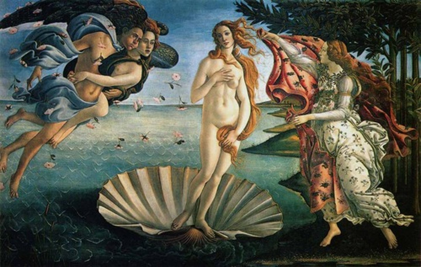 <p>medium: tempera on canvas</p><p>- medici family; commissioned mythological paintings and nude female images who sought to promote humanistic aspirations</p><p>- in this piece, it portrays platonic notions of physical love</p><p>- pomona is trying to covterm-21er venus with a robe (modesty) while zephyrus who is holding the nymph chloris, blows her to shore</p>