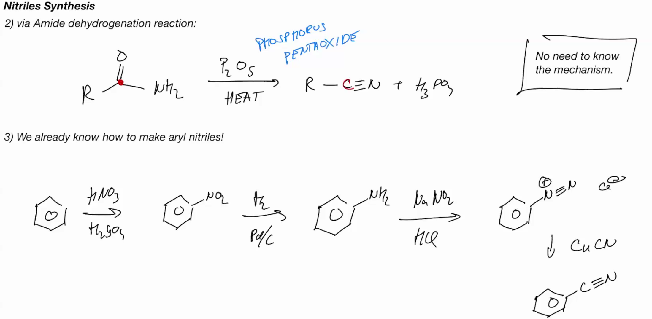 <p>Nitrile Synthesis (amide dehydrogentation)<br>Phosphorous pentaoxide (P2O5) + heat —→ h3po3 + R - CN Triplebond</p>
