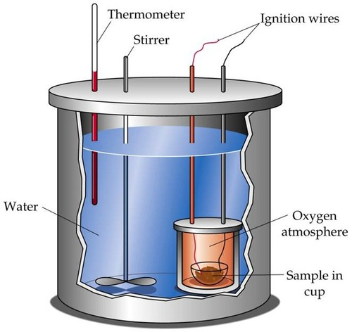 <p>Using calorimetry:<br>1. Known mass of dry biomass is fully combusted (burnt)<br>2. Heat energy released heats a known volume of water<br>3. Increase in temperature of water is used to calculate chemical energy of biomass</p>