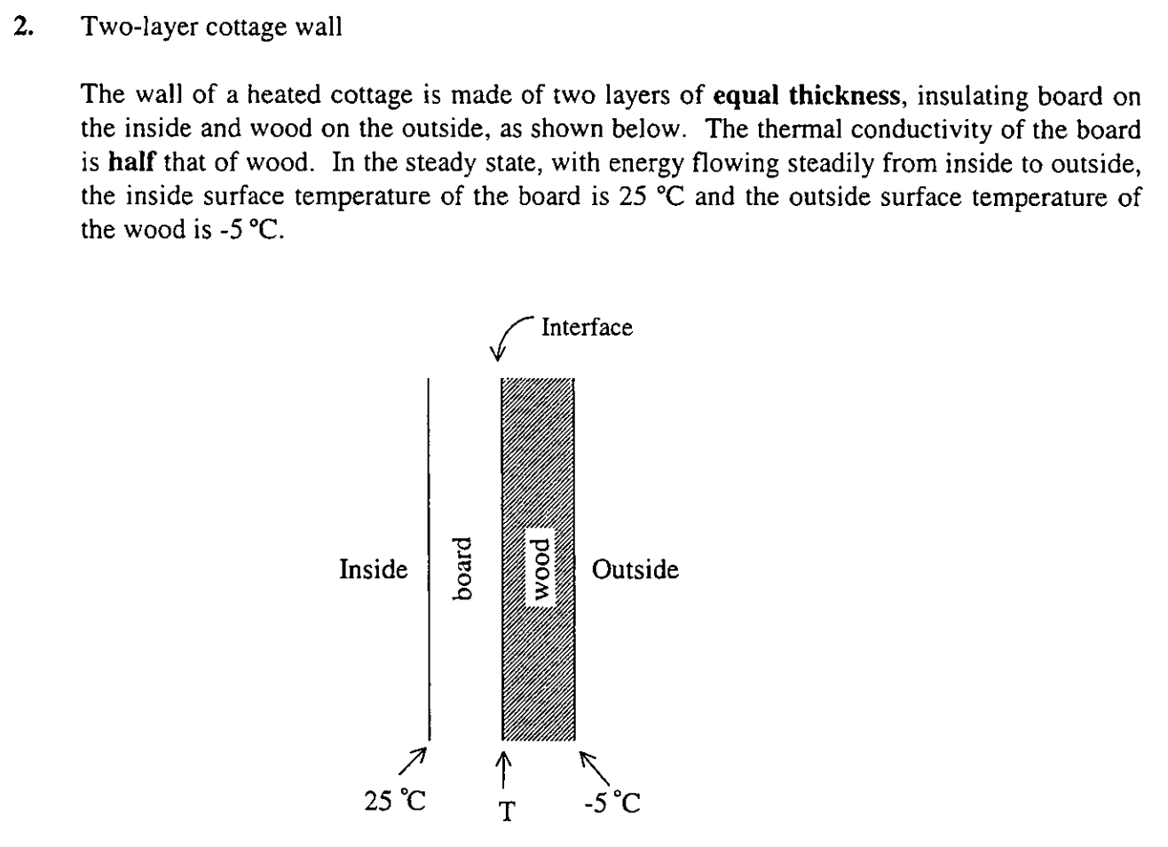 <p>a) Will the rate of energy transfer be greatest through the wood layer, the board layer, or the same for both? Explain your reasoning.</p><p>b) Calculate the temperature T at the interface between the board and the wood.</p>