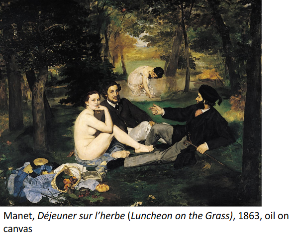 <p><strong>Identification:</strong></p><ul><li><p>Artist: Manet</p></li><li><p>Title: <em>Déjeuner sur l’herbe</em></p></li><li><p>Date: 1863</p></li><li><p>Movement: Realism / Early Modernism</p></li></ul><p><strong>Historical Context:</strong></p><ul><li><p>The painting was rejected from the official Salon and exhibited in the Salon des Refusés, where controversial works were shown.</p></li><li><p>It references classical paintings such as Giorgione’s <em>Pastoral Concert</em>, but reworks them in a modern setting.</p></li><li><p>Manet replaces mythological figures with ordinary, contemporary people, which shocked viewers.</p></li></ul><p><strong>Style:</strong></p><ul><li><p>The composition is flattened and spatially inconsistent, making the scene feel unnatural.</p></li><li><p>The figures do not blend smoothly into the environment, creating a sense of awkwardness.</p></li><li><p>The brushwork appears loose and unfinished compared to academic standards.</p></li><li><p>The scene feels like a captured moment rather than a carefully staged composition.</p></li></ul><p><strong>Themes:</strong></p><ul><li><p>The painting contrasts <strong>classical tradition with modern life</strong>, especially through the use of a nude figure in a contemporary setting.</p></li><li><p>It plays with the tradition of the “surprised nude,” where a woman is seen bathing and reacts modestly.</p></li><li><p>However, Victorine Meurent does <strong>not appear embarrassed or surprised</strong>, and instead looks calmly and directly at the viewer.</p></li><li><p>This direct gaze challenges the viewer and removes the usual sense of modesty or innocence.</p></li><li><p>The painting mixes ideas from classical art with a modern, everyday scene, creating a contrast between idealized tradition and ordinary life.</p></li><li><p>By showing a real woman nude in a modern setting, the painting removes the usual “mythological excuse” for nudity, making the scene feel more direct and uncomfortable for viewers.</p></li><li><p><strong>Manet challenges traditional representations of the nude by placing a real, modern woman in a setting that removes the protective context of mythology, making the scene feel direct and unsettling.</strong></p></li></ul><p></p>