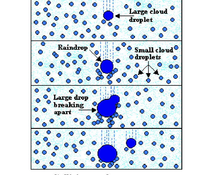<ul><li><p>Large water droplets function as condensation nuclei</p></li><li><p>Most tropical precipitation</p></li></ul><p></p>