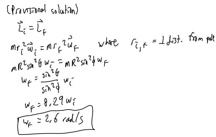 <p>conservation of angular momentum. where L = Iw.</p>