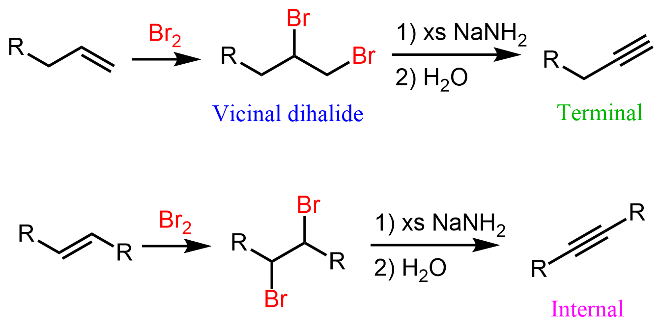<p>2 step process, an alkene with X2, X being Br or Cl, CCl4, and NaNH2 to create an alkyne </p>