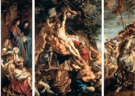<p>Peter Paul Rubens 1609-11</p><p>-intense movement, emotional drama, and powerful physical energy in religious painting.</p><p>-moment-by-moment struggle, a key Baroque feature.</p><p>-A key example of Counter-Reformation religious art</p>