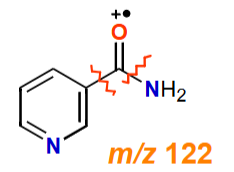 <p>Why does nicotinamide have 2 fragmentation pathways?</p>