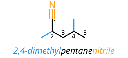 <p>“-nitrile” after the “-e” ending of parent chain name</p><ul><li><p>don’t contain carbonyl group, but still considered carboxylic derivative</p></li></ul><p></p>