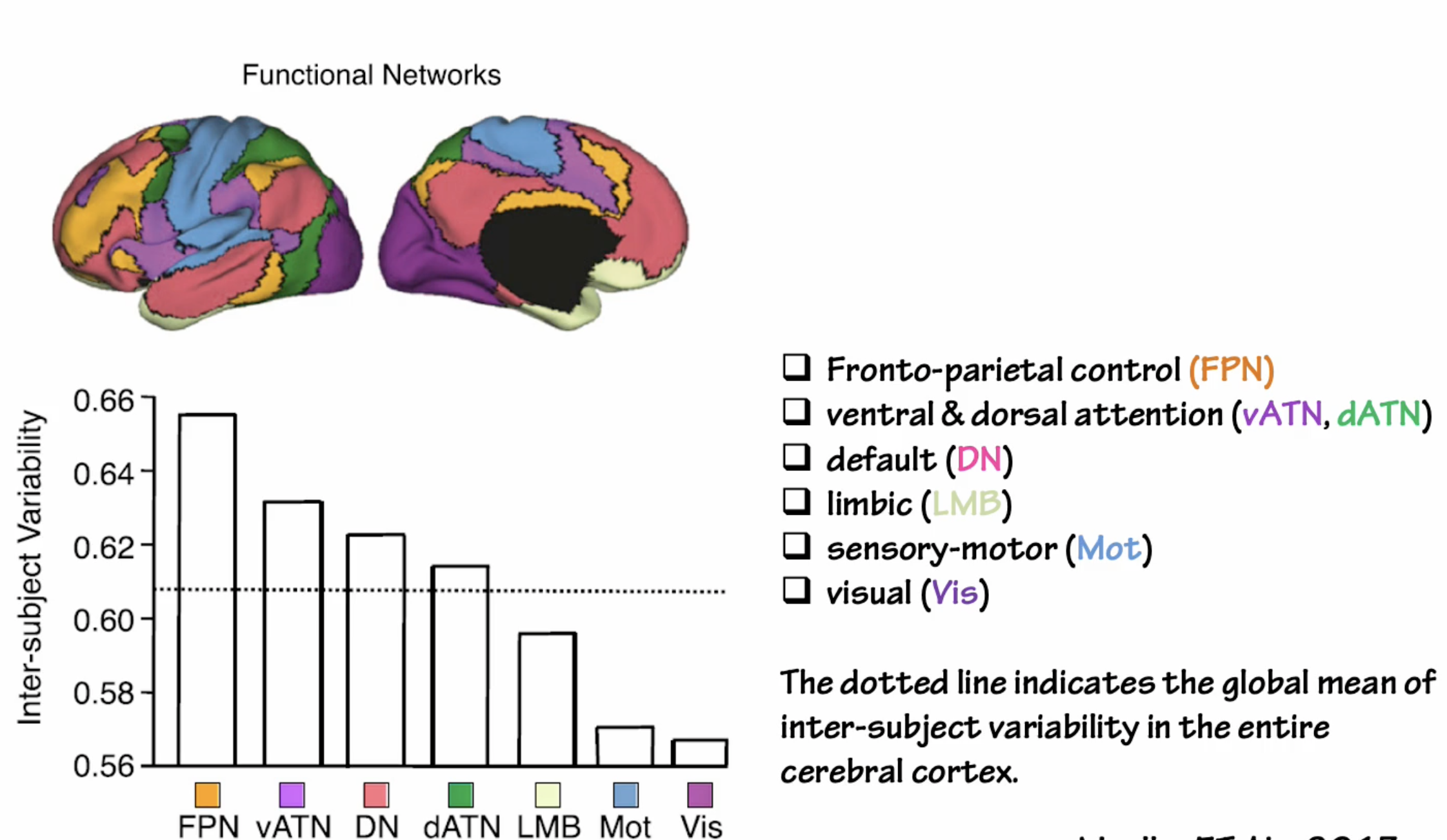 <p>In NEUROTYPICALS, despite having the same brain systems, our inter-subject variability is high </p><ul><li><p><u>higher level brain systems exhibit more variability in individuals</u>, such as the Default Mode Network, the Ventral and Dorsal Attention network, the Frontal Parietal Control network vs. basic ones </p></li><li><p>These systems are highly context-dependent - based on experience (frontal, parietal, and temporal) </p></li></ul><p></p><p>High correlation with how phylogenetically late-developing and essential a system is, to more variability between NEUROTYPICALS !!!!!!!!!!!!!!!!!!!!!!!!!!!!!!!!!!!!!!!!!!!!!!!!!!!!!!!!!!!!!!!!!!!!!!!!!!!!!!!!!!!!!!!!!!</p><p></p>