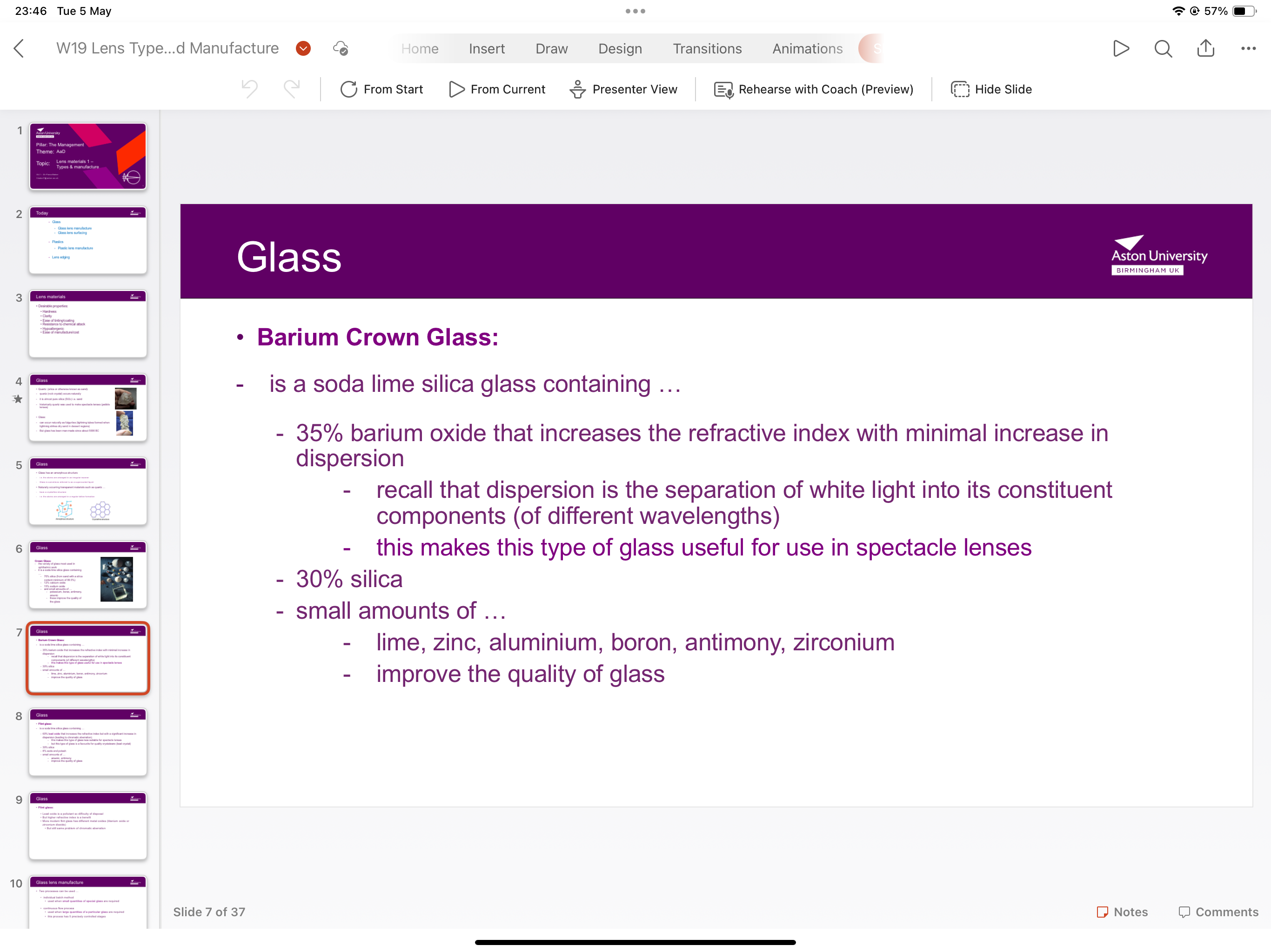 <p>Soda lime silica glass containing 35% barium oxide (increases RI with small increase in dispersion), 30% silica and small amounts of antimony, lime and zinc which improve glass quality </p>
