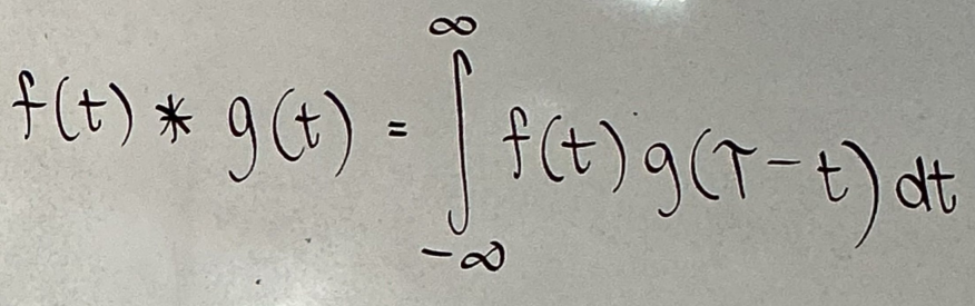 <ul><li><p>A mathematical operation that combines two functions to produce a third function. </p></li><li><p>It describes how one function "overlaps" or "interacts" with another as one of them is shifted.</p></li></ul><p></p>