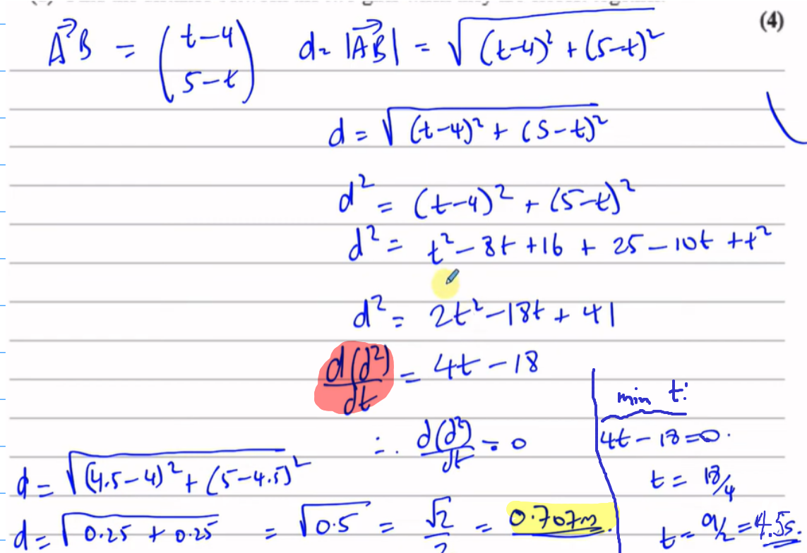 <p>distance closest together OR min distance = <strong><mark data-color="yellow" style="background-color: yellow; color: inherit;">0.707m</mark></strong></p>