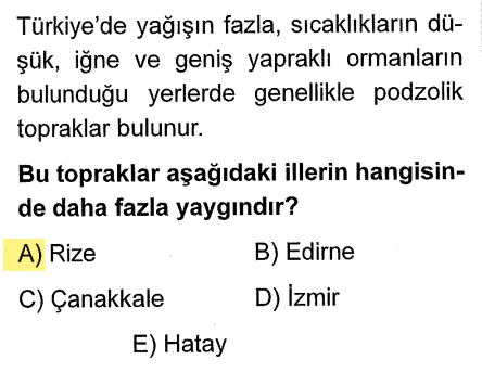 <p>Podzol topraklar "soğuk ve nemli" bölge toprağıdır. Batı Karadeniz (Bolu-Zonguldak) ve Doğu Karadeniz'in yüksekleri podzollaşmanın görüldüğü yerlerdir. Kül rengindedir.</p>