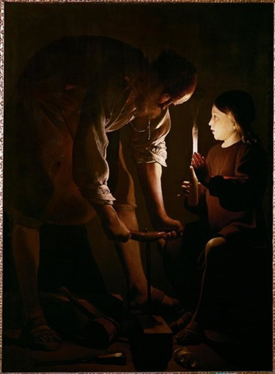 <p>- Tour</p><p>-figures in the foreground</p><p>-melodramatic, transfer of wisdom through the eyeglance</p><p>-French Baroque</p><p>- Joseph and Jesus</p><p>- Eyeglance: transfer of wisdom, mature to immature</p><p>- Tenebroso: light source</p><p>-light thru hand, proof of his human nature</p>