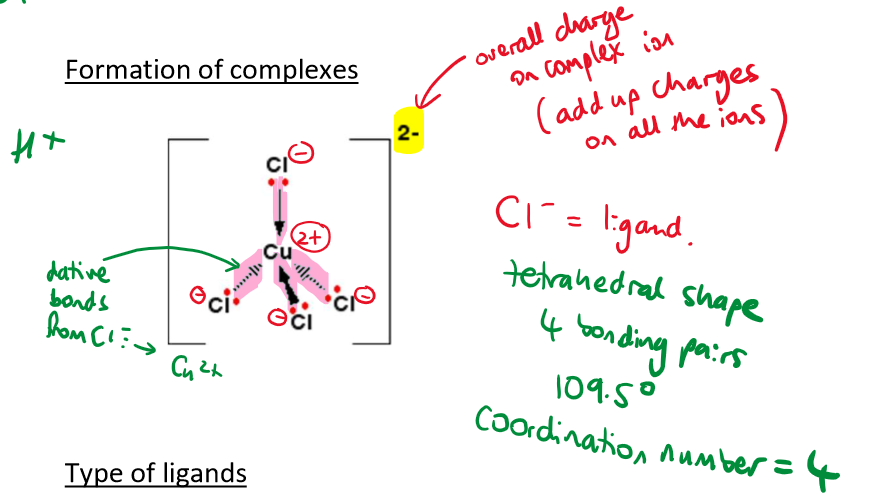 <ul><li><p>Cl- is relatively large</p></li><li><p>Therefore forms tetrahedral complex</p></li></ul><p></p>