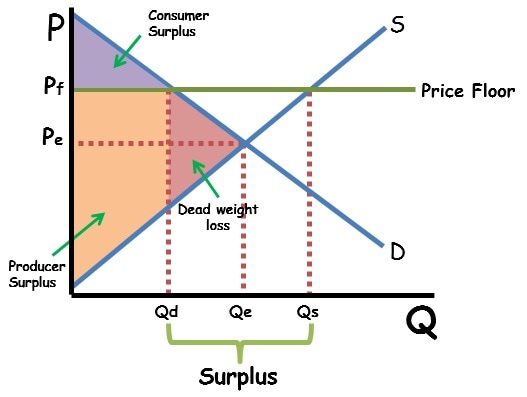 <p>A government imposed minimum price that can be charged on a good or service. It is set above market equilibrium. (minimum wage)</p><p>-Its purpose is to protect producers or workers by ensuring they receive stable income.</p><p></p>