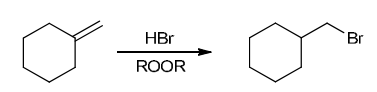 <p>The two groups being added across the alkene are H and Br. The Br group is installed at the less substituted carbon atom, so we must use conditions that give an anti-Markovnikov addition of H and Br. This can be accomplished by treating the alkene with HBr in the presence of peroxides:</p>