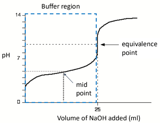 <p>henderson-hasselbach equation applies in buffer region</p><p>midpoint is point at which pH = pKa</p>