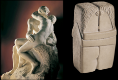 <p>•Rodin's work representational of Western ideals</p><p>•Highly-charged moment of lovers embracing</p><p>•Brancusi's manipulation of a solid block of stone to represent lasting love</p><p>•Symbolic concept of two becoming one</p>