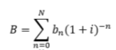 <p>B= PW of net user benefits</p><p>bn=net user benefits at end of period n</p><p>i= social discount rate</p><p>N= project life</p>