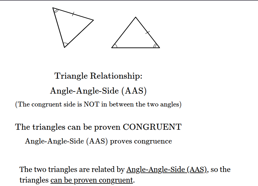 <p>The two triangles are related by <span><u>Angle-Angle-Side (AAS)</u></span>, so the triangles <span><u>can be proven congruent</u></span>.</p>