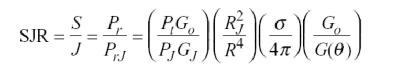 <p>The range at which its signal is equal to the target return (signal-to-jam ratio = 1)</p><p>Important Notes:</p><ul><li><p>R<sub>J</sub><sup>2 </sup>vs R<sup>4</sup> is a big advantage for the jammer</p></li><li><p>G vs G(<span>θ) is usually a big disadvantage for the jammer. Low sidelobe radar antennas reduce jammer effectiveness.</span></p></li><li><p><span>Given the geometry, the only parameter that the jammer has control of is the ERP (P<sub>J</sub>G<sub>J</sub>)</span></p></li><li><p><span>The RADAR knows it is being jammed. The jammer can be countered using waveform selection and signal processing techniques.</span></p></li></ul><p></p>