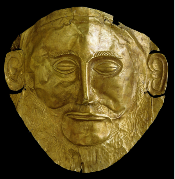 <p><span style="background-color: transparent;">10.3 Gold death mask (“Mask of Agamemnon”), from Grave Circle A, Mycenae,</span></p><p><span style="background-color: transparent;">Greece, c. 1550–1500 BCE. Gold, height 10¼ in. (26 cm). National Archaeological Museum, Athens.</span></p>