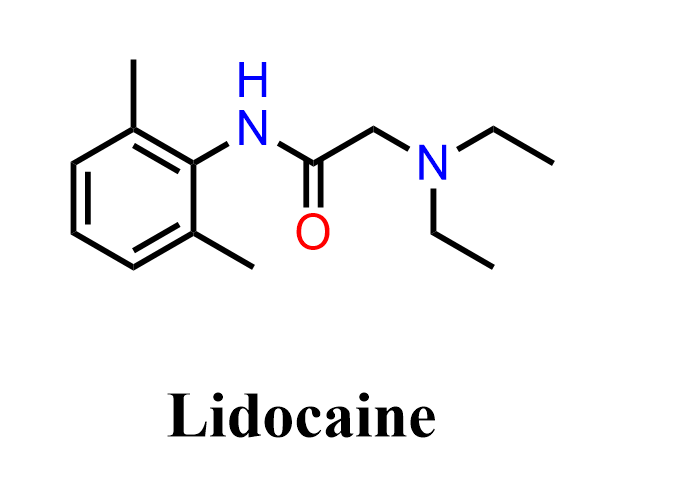 <p>LIDOCAINE</p><p>→ can act as reversible inhibitor of voltage-gated Na channels to temporarily block action potential propagation </p>