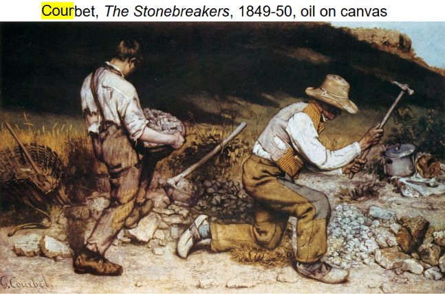<p><strong>Identification:</strong></p><ul><li><p>Artist: Courbet</p></li><li><p>Title: <em>The Stonebreakers</em></p></li><li><p>Date: 1849–50</p></li><li><p>Movement: Realism</p></li></ul><p><strong>Historical Context:</strong></p><ul><li><p>The painting was created after the 1848 revolutions, during a time of heightened awareness of social inequality.</p></li><li><p>It reflects growing concern about the conditions of the working class in industrializing France.</p></li></ul><p><strong>Style:</strong></p><ul><li><p>Courbet uses a rough, direct painting style that avoids idealization.</p></li><li><p>The figures are presented in a straightforward manner, without heroic exaggeration.</p></li><li><p>The focus is on the physical strain of labor rather than aesthetic beauty.</p></li></ul><p><strong>Themes:</strong></p><ul><li><p>The painting emphasizes the harsh realities of manual labor and poverty.</p></li><li><p>The workers are anonymous, representing the broader working class rather than individuals.</p></li><li><p>The work rejects traditional heroic subjects and instead elevates everyday life.</p></li><li><p>It forces viewers to confront the social realities of modern society.</p></li></ul><p></p>