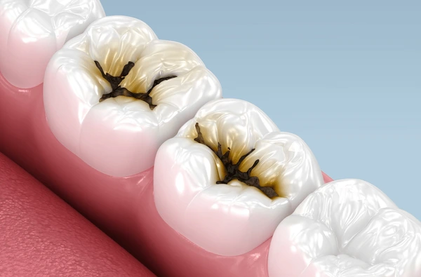 <p>A hole in the tooth's surface due to decalcification of the enamel and dentin by acid producing bacteria.</p>