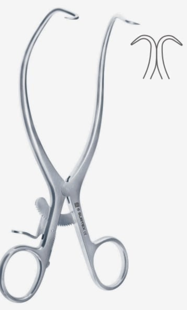 <p>It has curved arms and sharp tips provide leverage on tissues being retracted, it has a ratchet to make it a self sustaining instrument. It is used to retract muscle.</p>