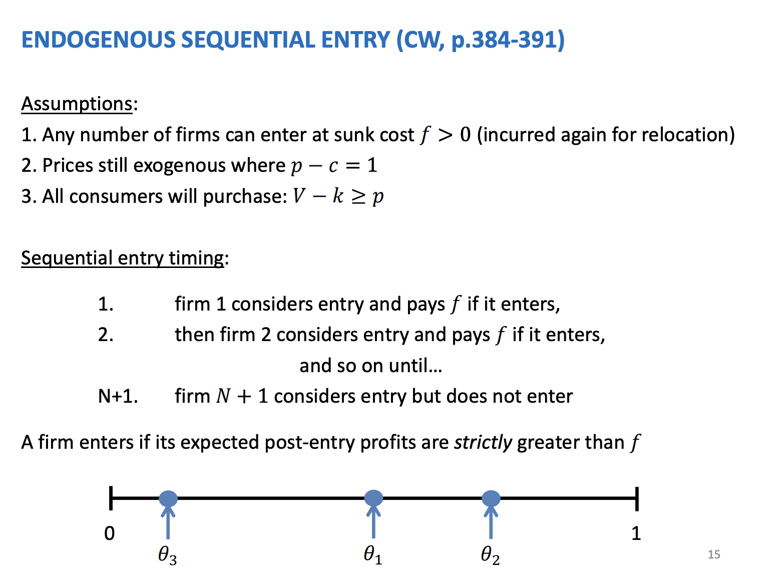 <p>Changing assumptions to the first model to make realistic. Any No. of firms and with a sunk cost of entry of F, no longer just two firms. Supermarket case of sunk costs of entry, cost of planning permissions, costs you don’t get back. Prices are still exogenous</p><p>&nbsp;</p><p>Change assumption on decisions, firm one enter first, firm 2 will then consider if it want to, if they do, they decide where to locate and take on the sunk costs. This will continue until a firm doesn't want to pay the sunk costs as profits are smaller.</p>