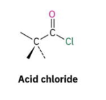<p>Has a chlorine atom and an alkyl group attached to the carbonyl group.</p>