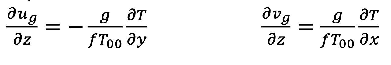 <ul><li><p>the variation in horizontal temperature gradients will change the height of upper level constant pressure surfaces and cause the geostrophic wind to vary with height</p></li><li><p>The left equation describes how a horizontal N/S temperature gradient will cause the zonal wind to vary with height. </p></li><li><p>The right equation describes how a horizontal E/W temperature gradient will cause the meridional wind to vary with height</p></li></ul><p></p>