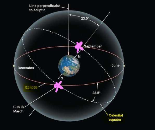 <p>in march and September on the equinoxes. Here the day is 12 hours long everywhere. </p>