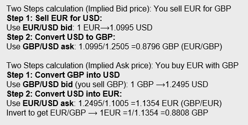 <p>Bid: worst bid/diagonal ask </p><p>Ask: worst ask/diagonal bid</p>