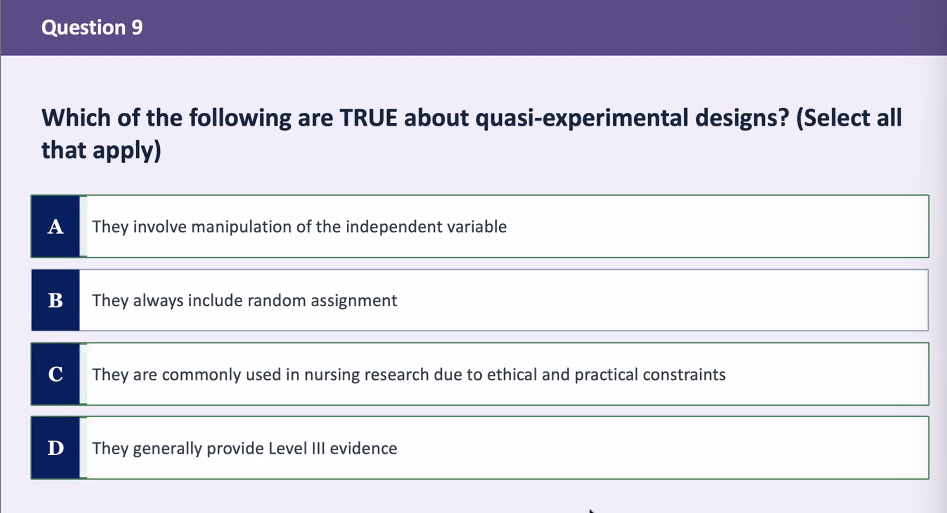 <p>which of the following are true about quasi-experimental designs? (SATA)</p>