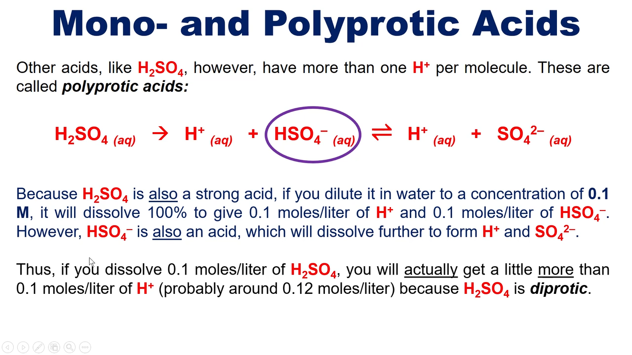 <p>first H+ completley dissacociates in water, while conjugate will dissacociate a bit further </p><p></p><p>resulting in 0.1+ mols of H+ and 0.1 mols of conjugate base if acid has a concentration of 0.1</p>