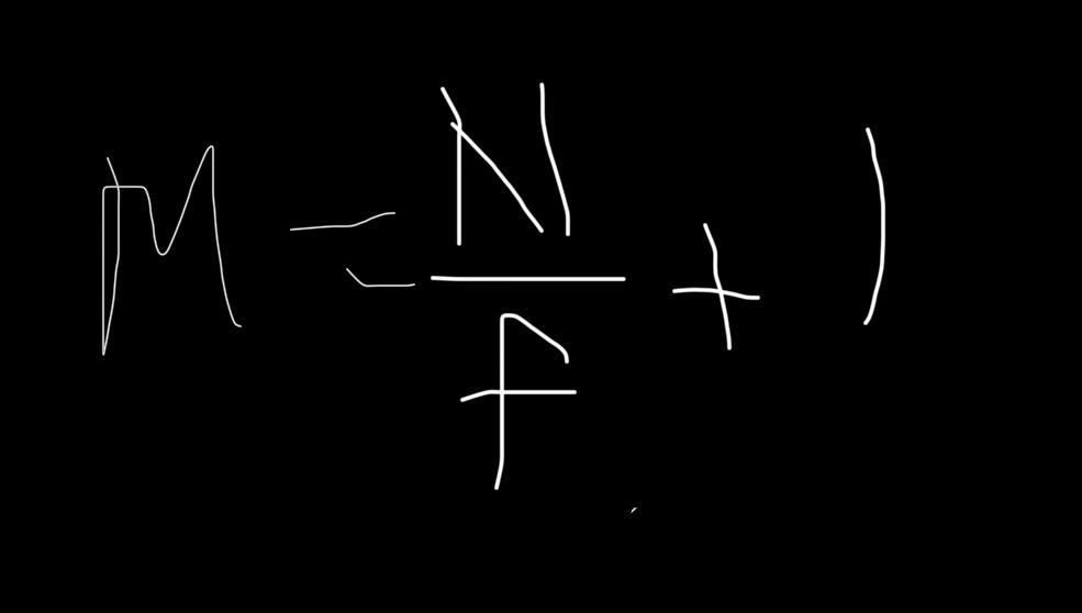 <p>where </p><p>M = magnification</p><p>N = near point (usually 25cm) </p><p>f = focal length</p>