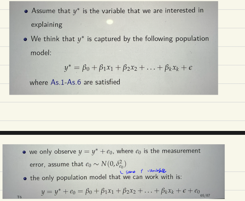<p>if ME uncorrrelated with idp variables → it will be like its part of the error term. Error term + ME = v<br><br>Also the SE errror we get is an upper bound of the SE we get without the ME, so t-statistics becomes lower bound → so if still manage to reject despite deflated t-statistic we can be even more confident effect is real</p>