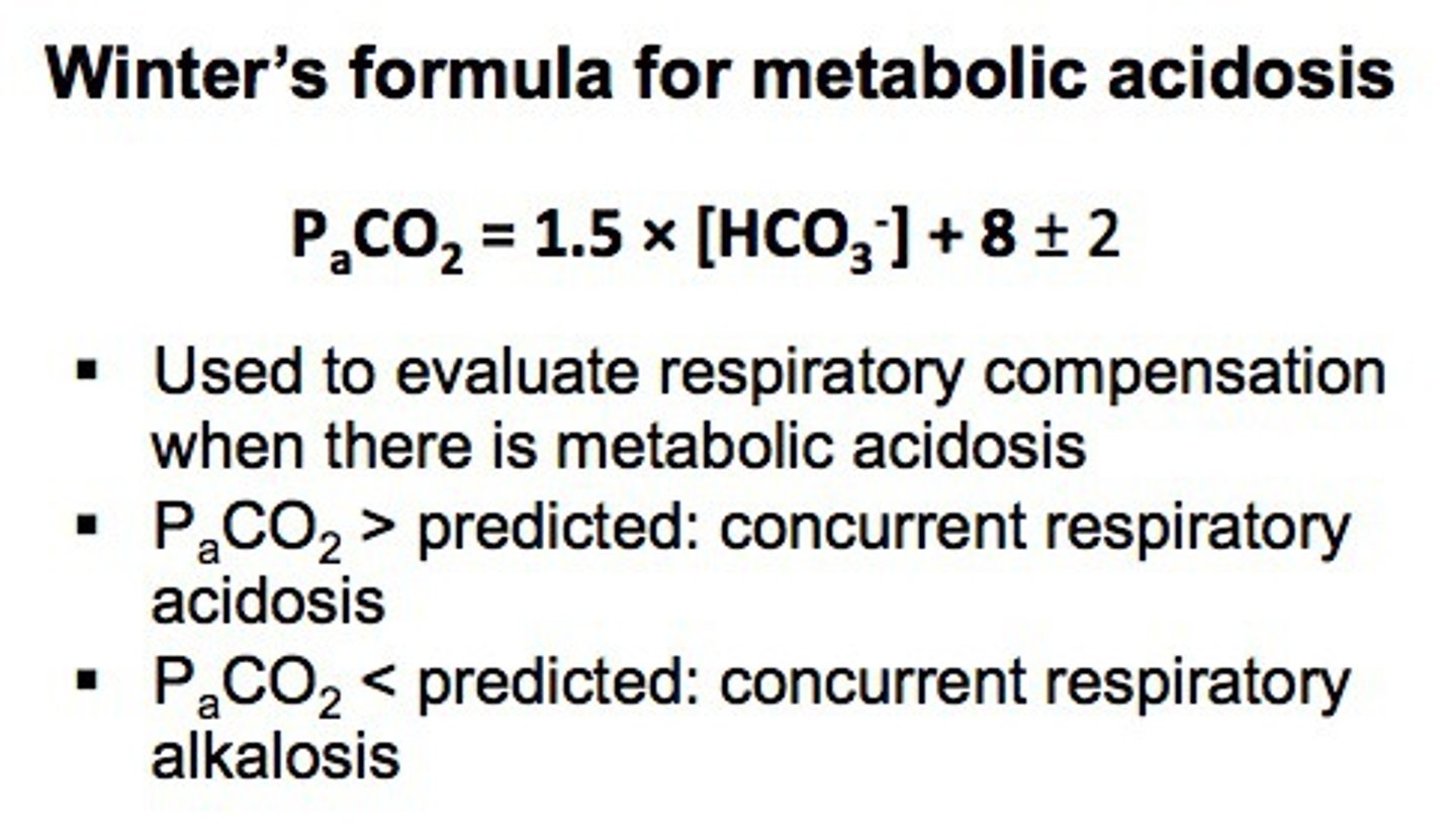 <p>used to predict respiratory compensation (PCO2) for metabolic acidosis</p><p>acidosis: pCO₂= 1.5×[HCO₃⁻] + 8 ±2 </p>