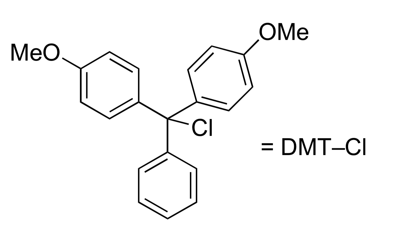 <ul><li><p><span style="background-color: transparent;">Once the nucleobases are protected, the 5’OH can be protected as RO-DMT (4,4’-dimethoxyltrityl)</span></p></li><li><p><span style="background-color: transparent;">DMT is similar to trityl, but is easier to remove and is colored, which is used to monitor reaction progress</span></p><ul><li><p><span style="background-color: transparent;">Selective to <strong>primary</strong> over secondary alcohols (due to steric bulk)</span></p></li></ul></li></ul><p></p>