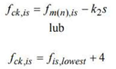 <ul><li><p>f m(n),is - średnia arytmetyczna wytrzymałości na ściskanie</p></li><li><p>f is,lowest - najmniejsza z oznaczonych wartości wyt. betonu na ściskanie</p></li><li><p>s - odchylenie standardowe wyników lub 2 MPa</p></li><li><p>k2 - wartość określana w postanowieniach krajowych lub 1,48</p></li></ul><p></p>