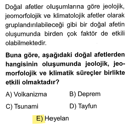 <p>Heyelan için; yerin yapısı uygun olmalı (killi toprak - Jeolojik), eğim olmalı (Jeomorfolojik) ve çok yağmur yağmalı (Klimatik). Üçü birleşince toprak kayar.</p>