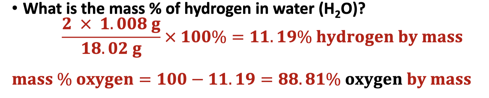 <p>(mass of the element in 1 mole of compound/mass of 1 mole of compound) x 100%</p>