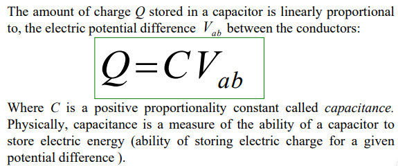 <ul><li><p>by convention, Vab = Va - Vb</p></li><li><p>capacitance C is measured in farads (F)</p></li></ul><p></p>