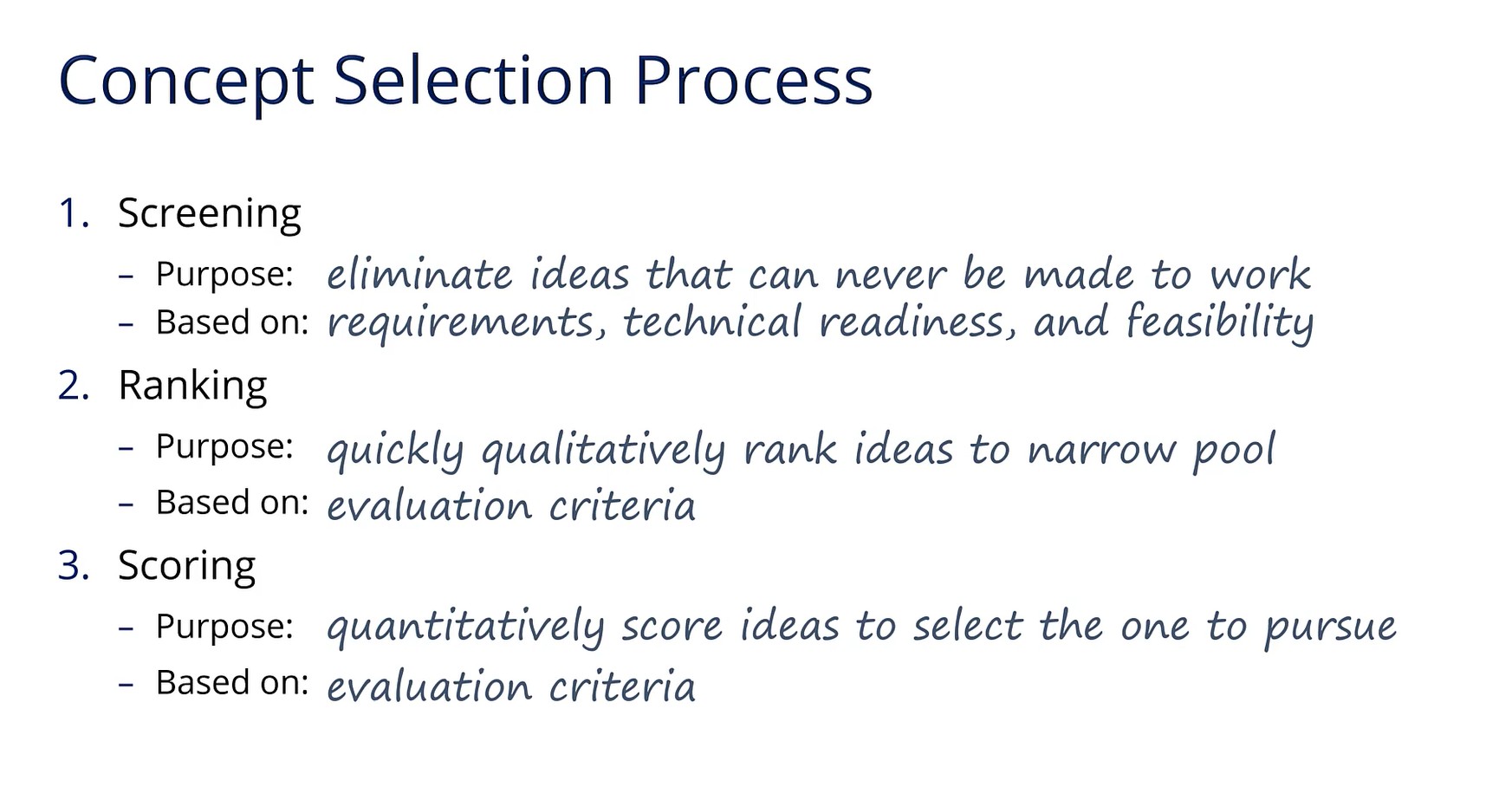 <p>Screening, Ranking, Scoring</p>