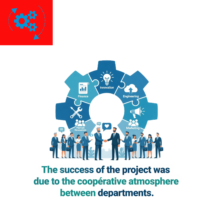 <p><strong><mark data-color="green" style="background-color: green; color: inherit;">The success of the project was due to the coóperative atmosphere between departments.</mark></strong></p><p><strong>DEUTSCH:</strong></p><p>Der Erfolg des Projekts war auf die kooperative Atmosphäre zwischen den Abteilungen zurückzuführen</p>