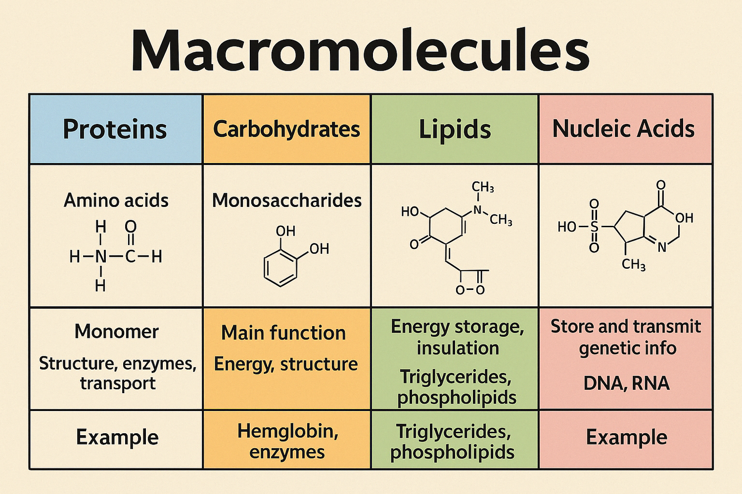 Carbohydrates (monosaccharides), lipids (fatty acids + glycerol), proteins (amino acids), nucleic acids (nucleotides).