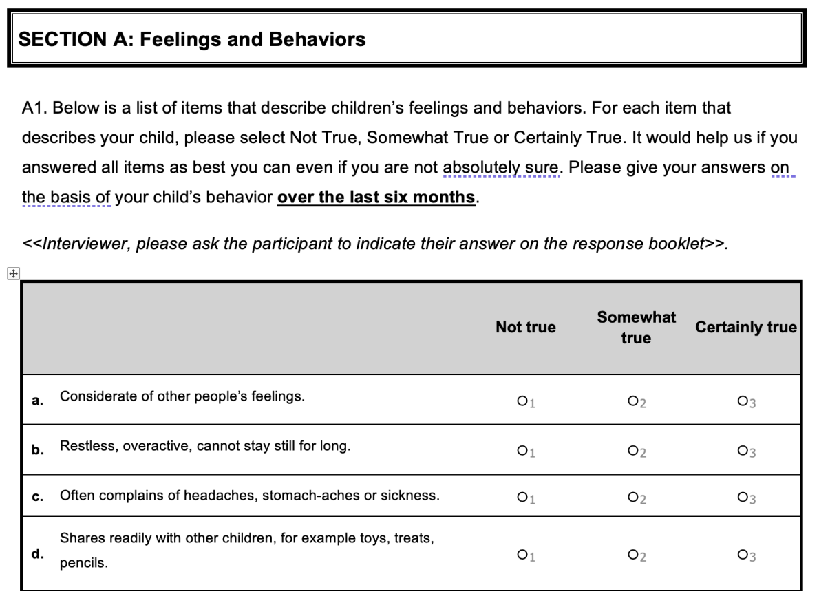 <ul><li><p>Strengths and difficulties Questionnaire (SDQ)</p></li></ul><div data-type="horizontalRule"><hr></div><ul><li><p>SDQ often administered in longitudinal studies to see changes during different environments (e.g., changing schools, etc.)</p></li></ul><p></p>