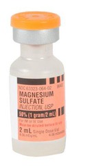 <p>N/A</p><p>Electrolyte Replacement; Anticonvulsant</p><p>Indication(s): Hypomagnesemia; torsades de pointes; seizure prevention in preeclampsia/eclampsia; severe asthma exacerbation.</p><p>Warning(s): Monitor deep tendon reflexes, respiratory status, and blood pressure with high doses.</p><p>Side effect(s): Flushing, hypotension, respiratory depression, diminished reflexes.</p>